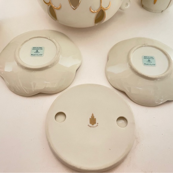 Partylite Tea for Two Votive Candle Teapot Teacup Saucer Set Ivory Gold 6 Pieces - Picture 9 of 14